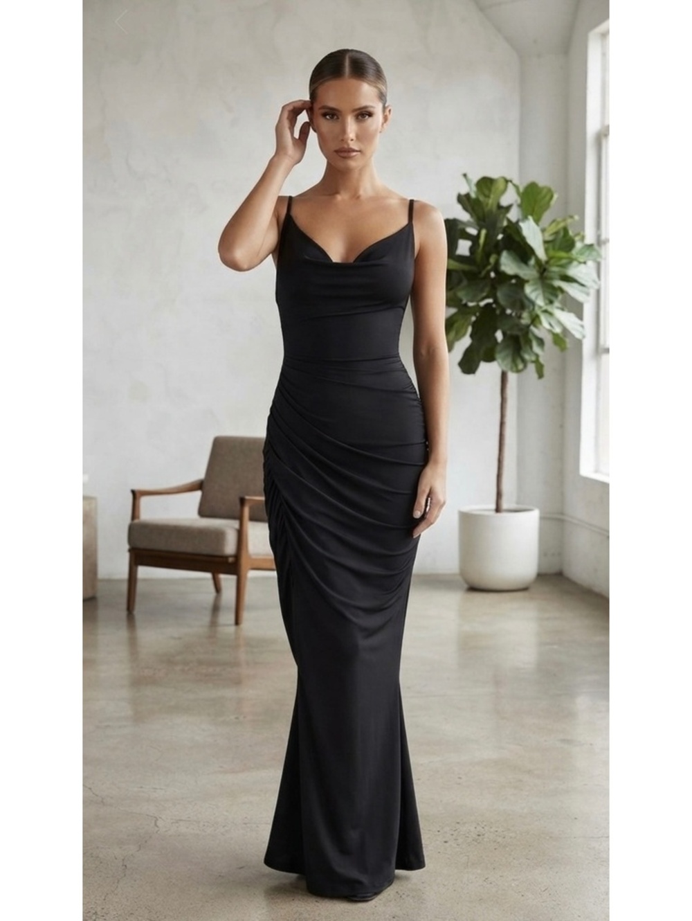 Elegant Black Sleeveless Ruched Maxi Dress
